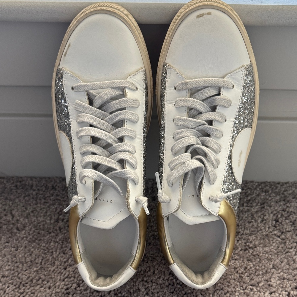 Oliver Cabell Low 1 Bondi White and Gold Sneakers with Silver Accents